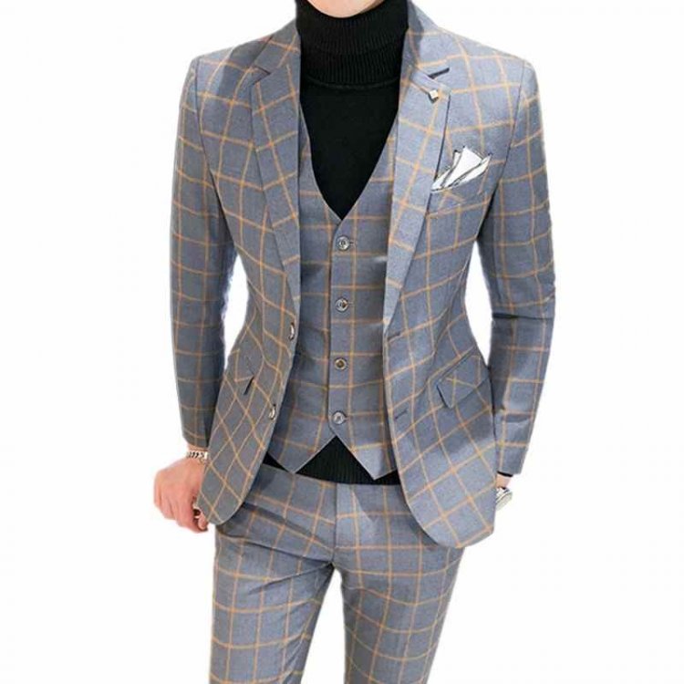 Men Dress Blazers Pants Vest 3 Piece Set / Male Wedding New 2020 Autumn Business Formal Plaid Suit Luxury Slim Fit Coat Trousers