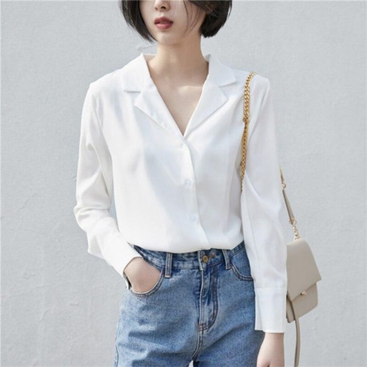 Spring Autumn Korea Fashion Notched Collar OL Women White Shirts All matched Loose Casual Long Sleeve Chiffon Blouse Tops S437