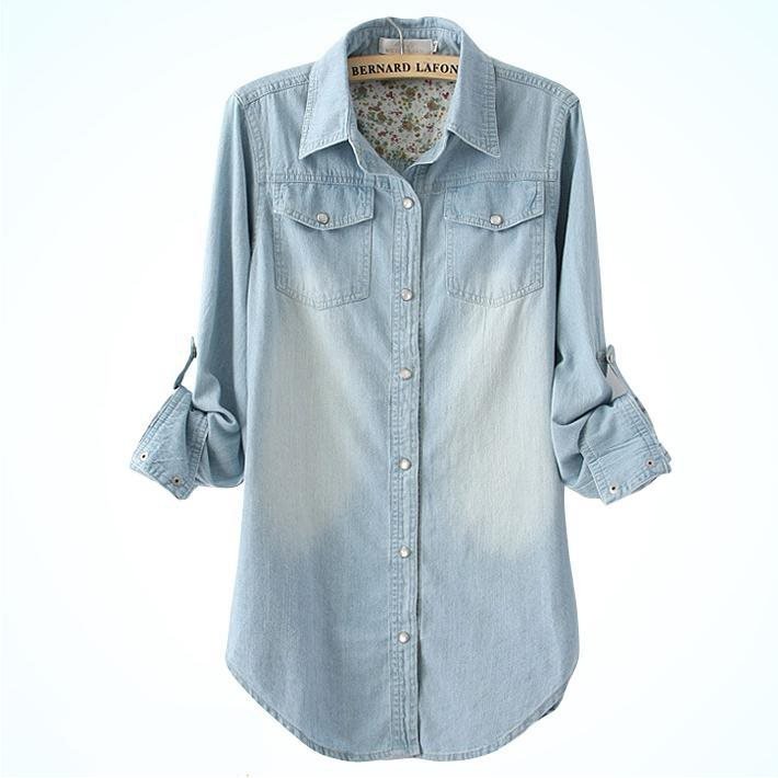 Large Size S XXXL Jeans Clothing Women Cotton Denim Shirt Women Long Design Loose Long sleeve Shirt Plus Size Blouse Feminina