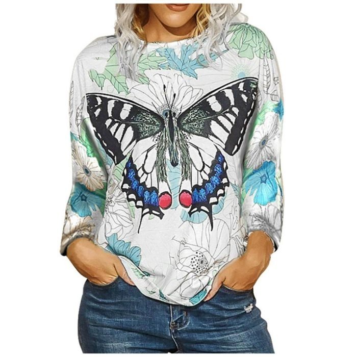 Vintage Plus Size Blouse Women Casual Loose Round Neck Butterfly Print Long Sleeve Women Top Grote Maten Dames Kleding