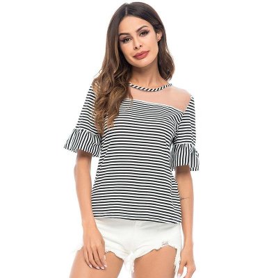 Women Solid Color Stripe T shirt Casual Harajuku Short Sleeve Crew neck T shirt Fashion Korean Slim Simp Leisure Tops 2020