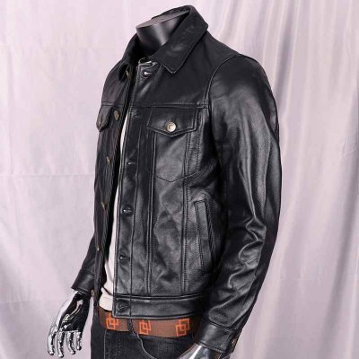 Cowhide Men 's Short Leather Jacket Autumn Winter Youth Lapel Slim  Fit Button Leather Jacket